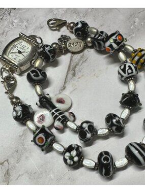 Geneva Watch Black White Art Glass Beaded Band Wrap Around New Battery